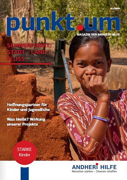 Auch unser Spendenmagazin punkt.um verschicken wir auf Wunsch mit dem Newsletter indisches Mädchen - Titelbild Spendenmagazin der ANDHERI HILFE