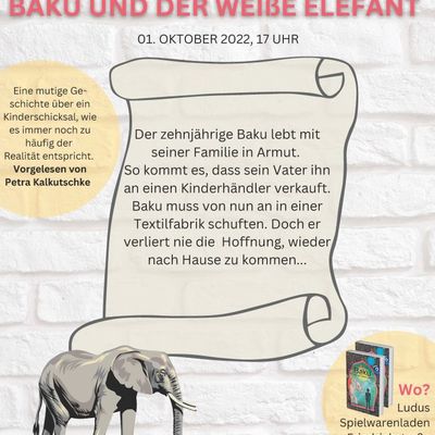 Flyer: Lesung zum Thema Kinderarbeit mit der Schauspielerin Petra Kalkutschke (contra kreis theater) im Spielzeugladen Ludus in Bonn.