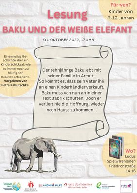 Flyer: Lesung zum Thema Kinderarbeit mit der Schauspielerin Petra Kalkutschke (contra kreis theater) im Spielzeugladen Ludus in Bonn.