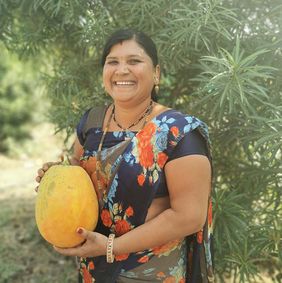 Indische Frau mit Melone in der Hand