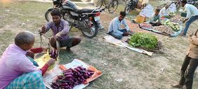Ein indischer Mann verkauft Auberginen auf dem Markt