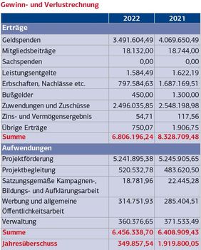 Tabelle Jahresbericht 2022: Gewinn- und Verlustrechnung (GUV) der ANDHERI HILFE